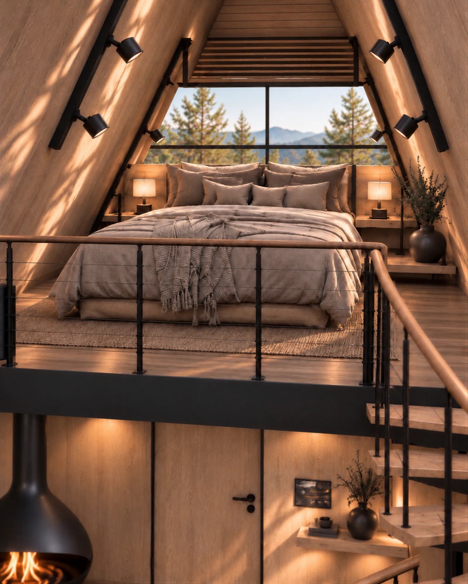 Спальня на антресоли виллы A-frame под скатом крыши, окно на лес и горы, рендер