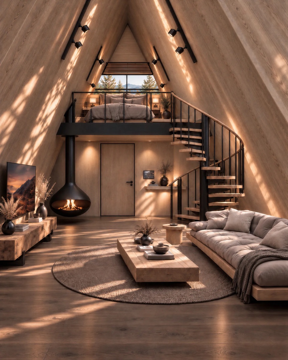 Интерьер виллы A-frame: камин, гостиная, спальня на антресоли, рендер
